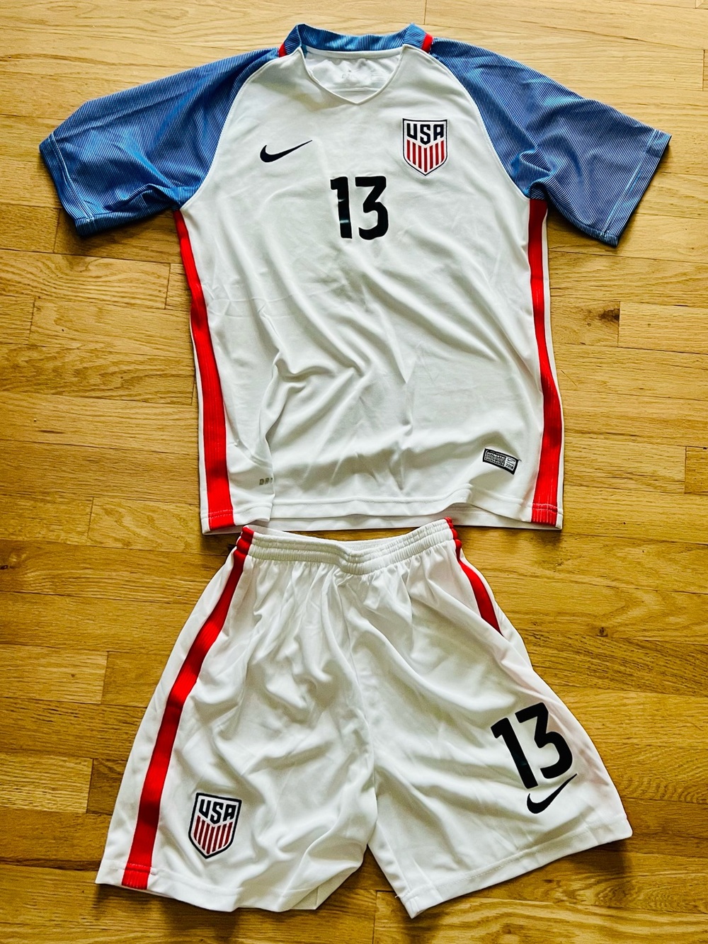 Nike White Red Blue USA Soccer #13 Alex Morgan Jersey and Shorts Kit